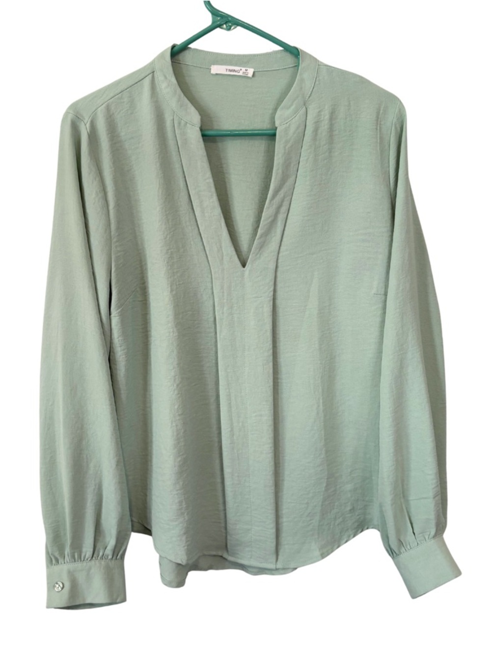 3/$20 Timing Light Green V-Neck Split Collar Long Sleeve Blouse